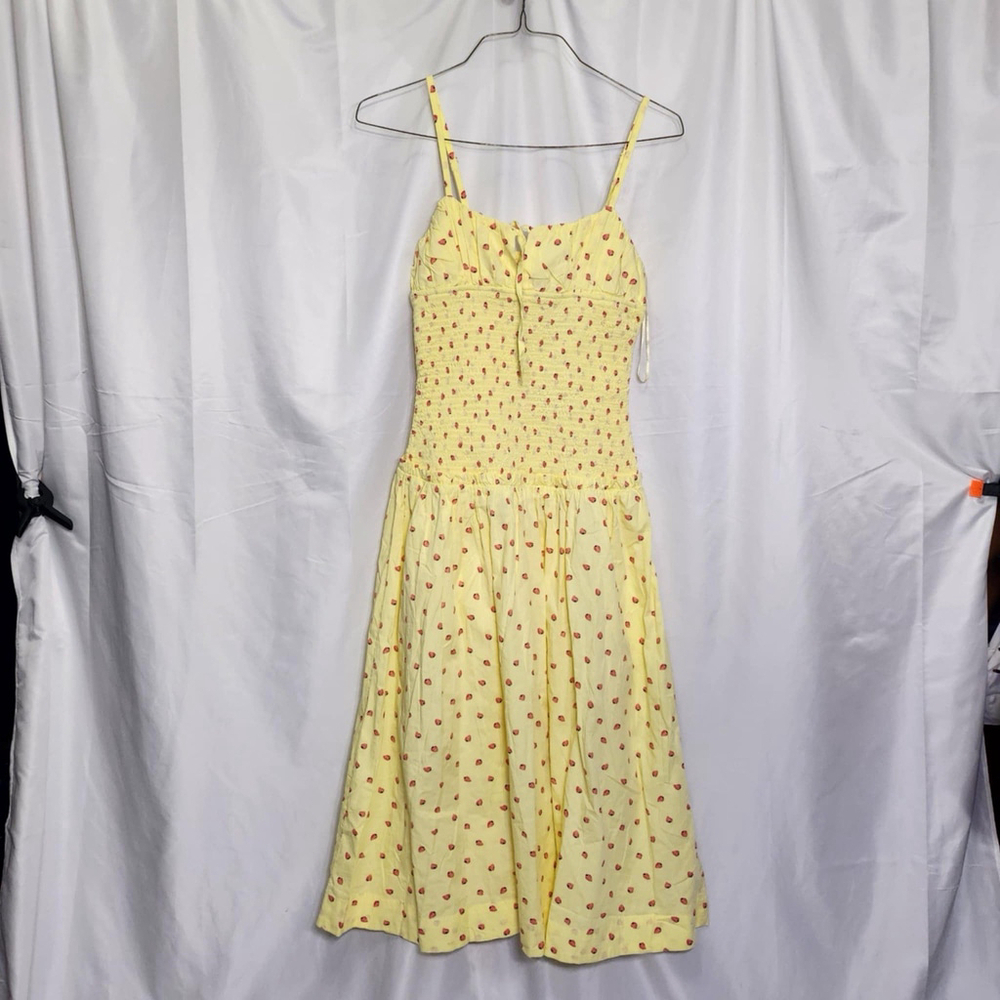 Free People Lavender Daze Midi Dress Sz S Yellow Strawberry Drop- Waist Smocked - Picture 2 of 13